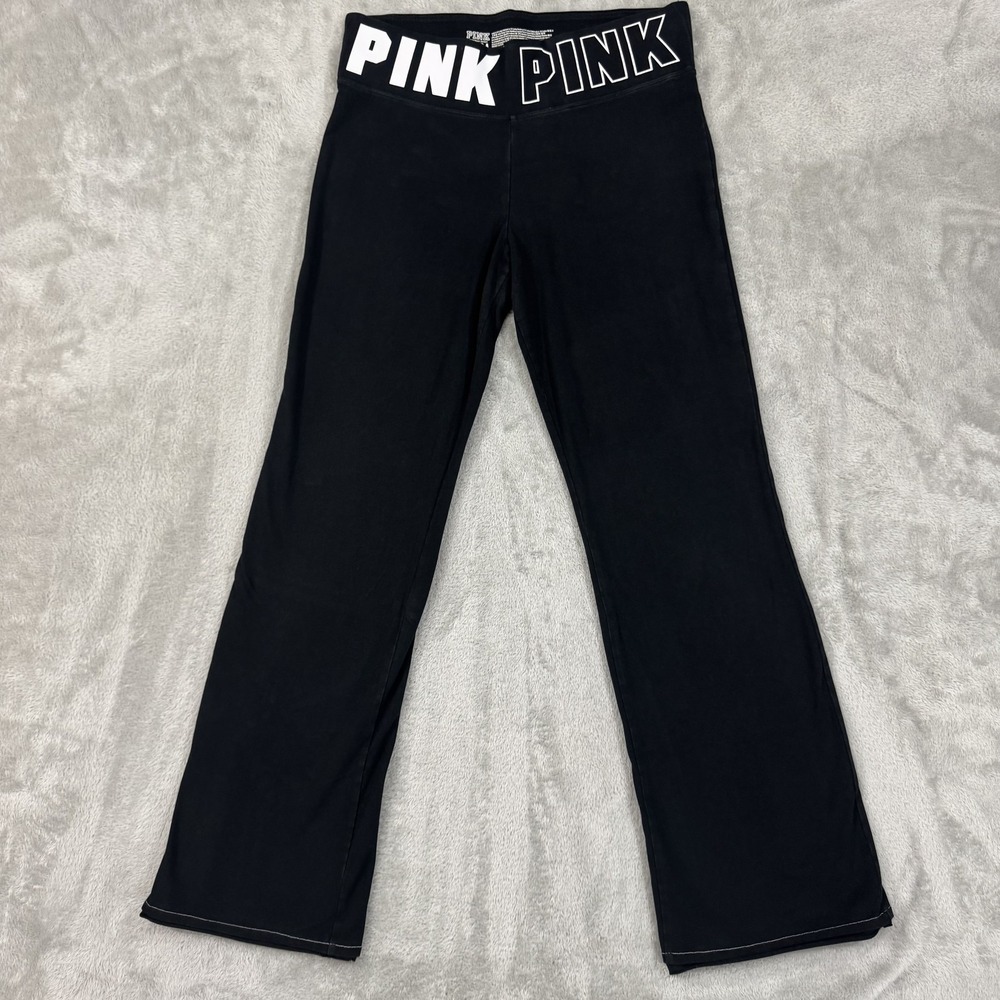 PINK Victoria's Secret Yoga Pants Women L Black White Logo Graphic Y2K Bootcut